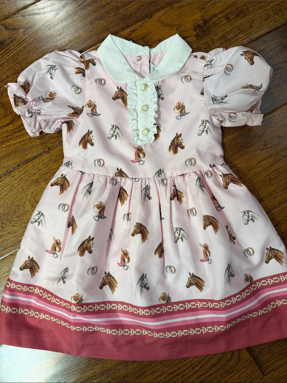 Pink Horse-Print Puff Sleeve Dress for Girls